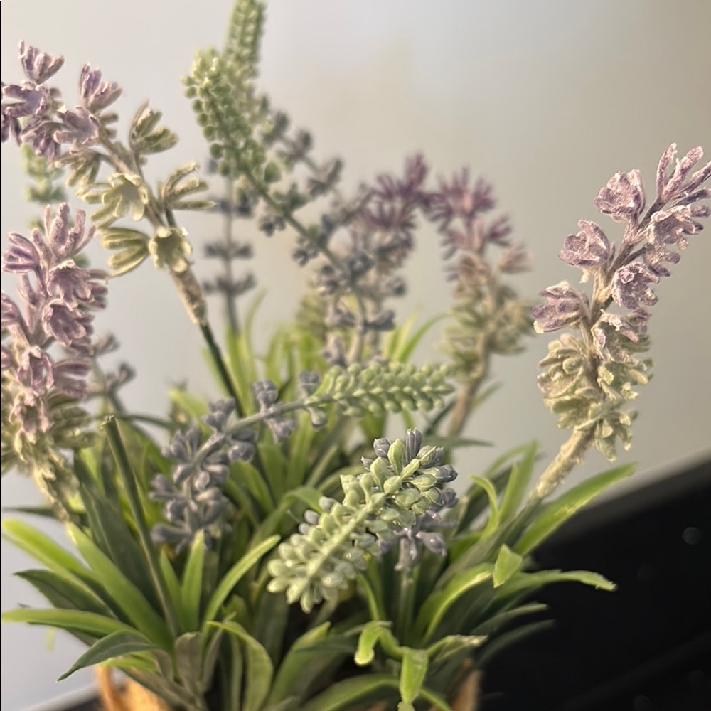 Purple and Green Faux Lavender Floral Greenery Accent in Rustic Burlap Container - Picture 5 of 7
